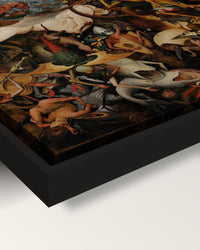 The Fall of the Rebel Angels framed canvas, corner close-up: black floating frame, painted edge in the shadow gap