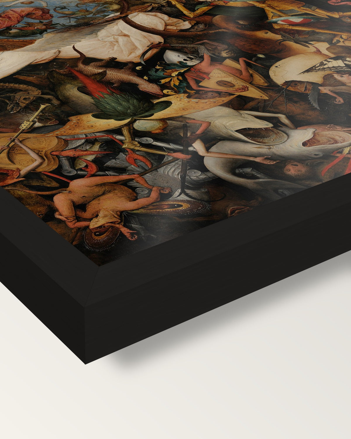 The Fall of the Rebel Angels by Pieter Bruegel the Elder framed print, corner close-up: black moulding, edge to edge, no mat