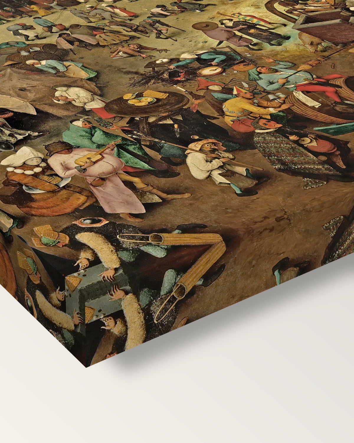 Carnival and Lent by the Elder on stretched canvas, corner close-up: the painting mirror-wrapped round the sides