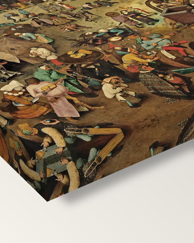 Carnival and Lent by the Elder on stretched canvas, corner close-up: the painting mirror-wrapped round the sides
