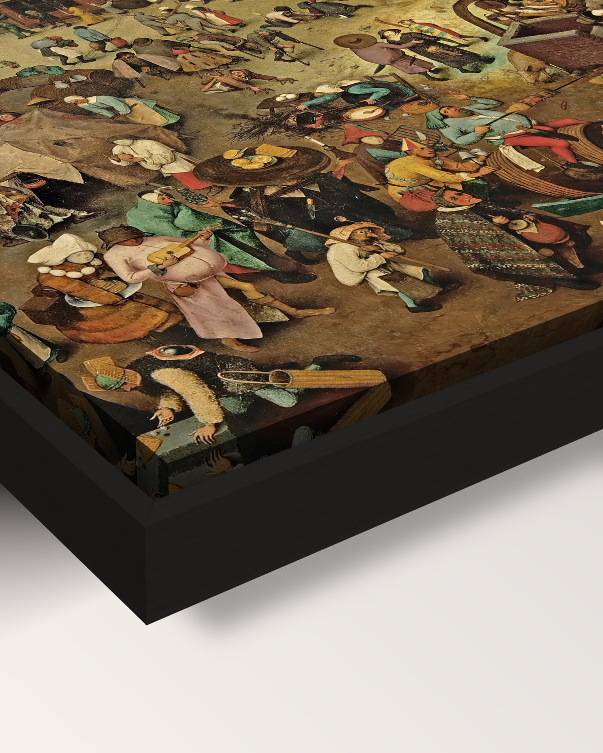 Carnival and Lent by the Elder framed canvas, corner close-up: black floating frame, painted edge in the shadow gap