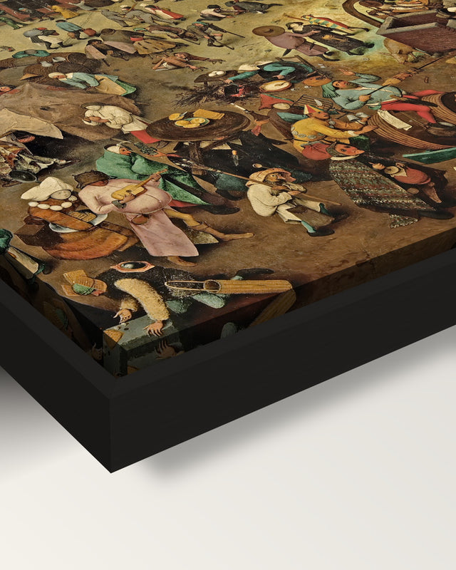 Carnival and Lent by the Elder framed canvas, corner close-up: black floating frame, painted edge in the shadow gap