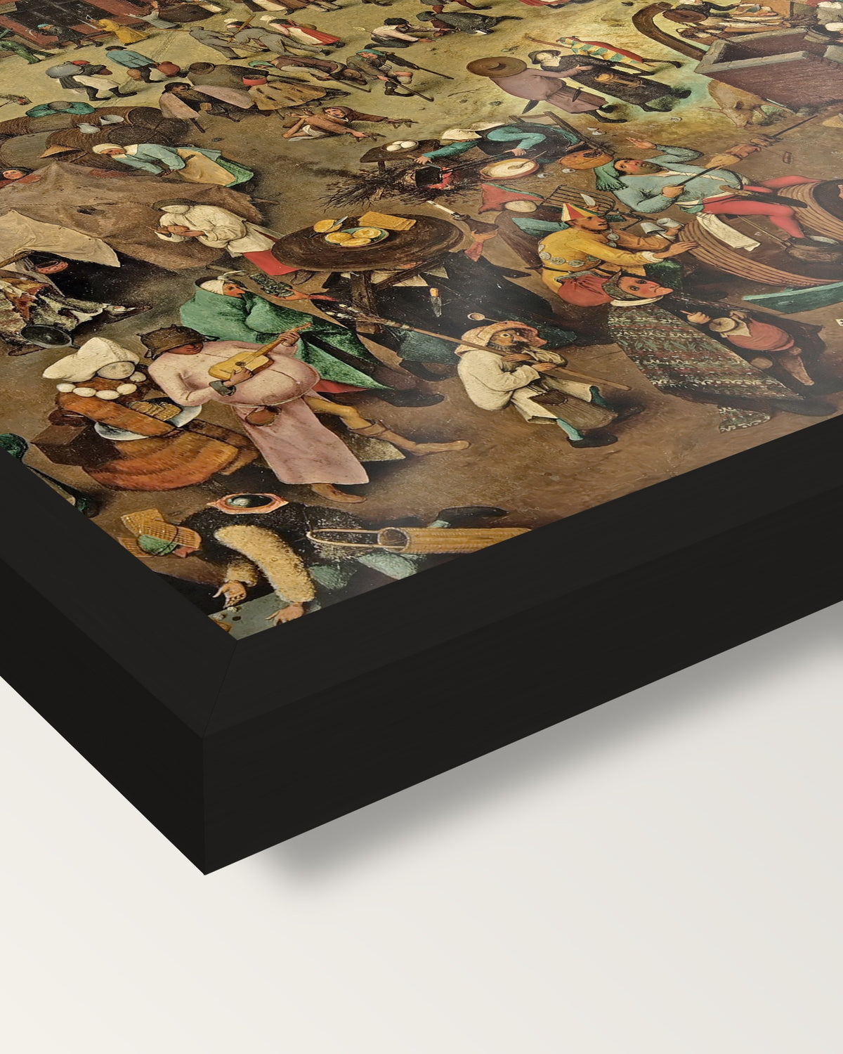 Carnival and Lent by Pieter Bruegel the Elder framed print, corner close-up: black moulding, edge to edge, no mat