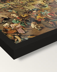 Carnival and Lent by Pieter Bruegel the Elder framed print, corner close-up: black moulding, edge to edge, no mat