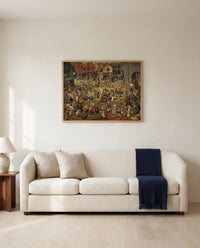 Carnival and Lent by Pieter Bruegel the Elder framed in natural oak above a cream sofa in a warm living room