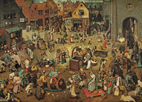 The Fight Between Carnival and Lent by Bruegel: a crowded village square, a fat man on a barrel facing a thin woman on a cart