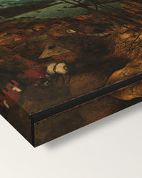 The Gloomy Day by Pieter Bruegel the Elder on stretched canvas, corner close-up: the painting mirror-wrapped round the sides