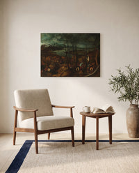 The Gloomy Day by Pieter Bruegel the Elder as a stretched canvas above a linen lounge chair in a reading corner