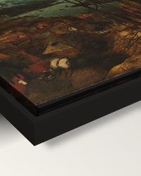 The Gloomy Day framed canvas, corner close-up: the canvas in a slim black floating frame, its painted edge in the shadow gap