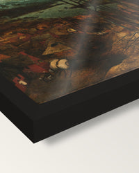 The Gloomy Day by Pieter Bruegel the Elder framed print, corner close-up: black moulding, edge to edge, no mat