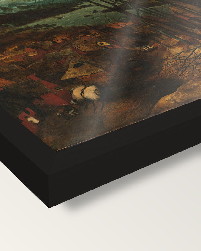 The Gloomy Day by Pieter Bruegel the Elder framed print, corner close-up: black moulding, edge to edge, no mat
