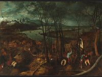 The Gloomy Day by Pieter Bruegel the Elder: bare trees and a village above a stormy bay with ships, dark mountains behind