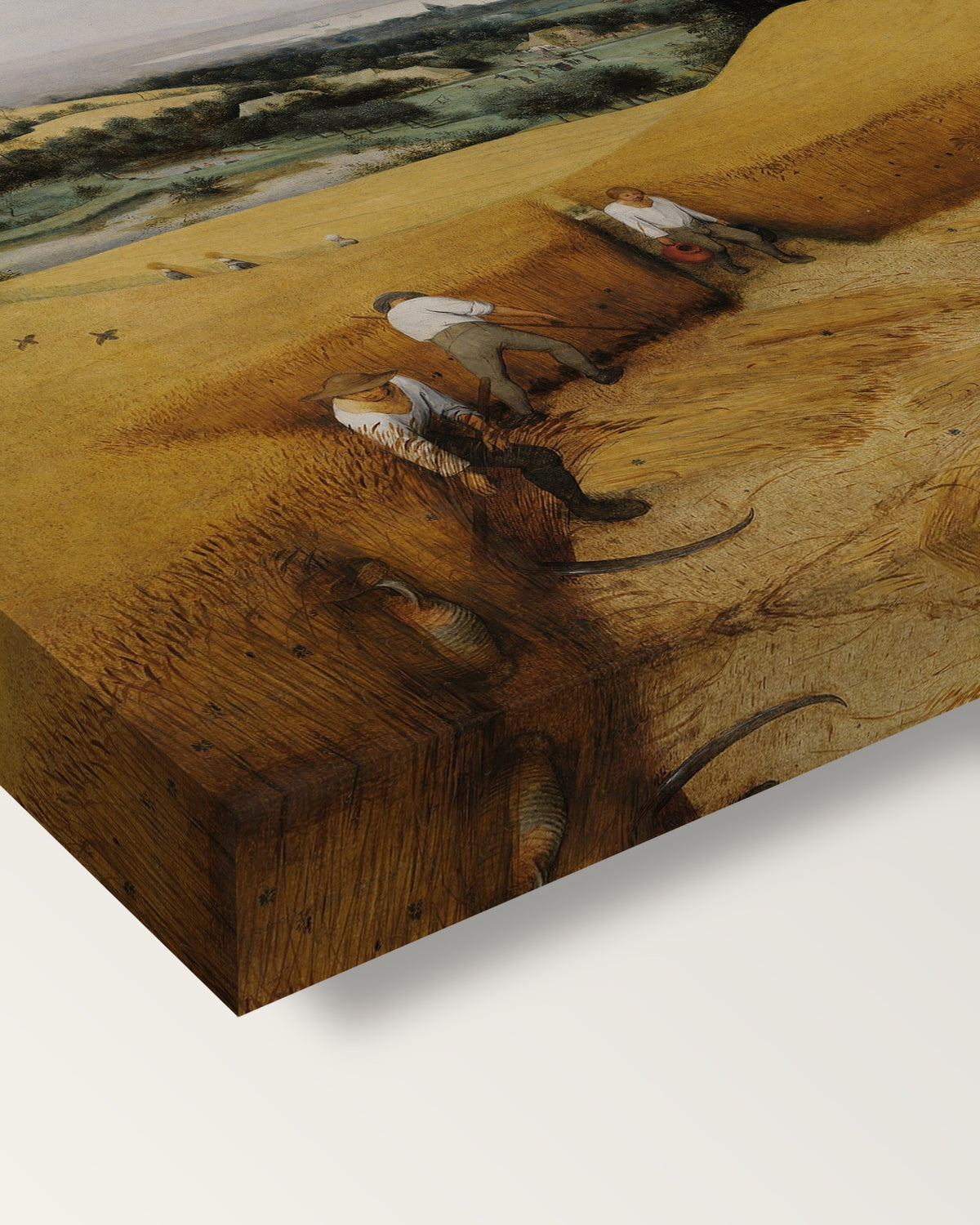 The Harvesters by Pieter Bruegel the Elder on stretched canvas, corner close-up: the painting mirror-wrapped round the sides