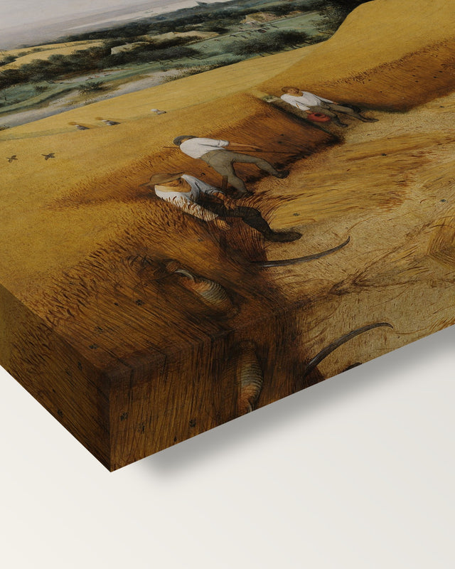 The Harvesters by Pieter Bruegel the Elder on stretched canvas, corner close-up: the painting mirror-wrapped round the sides