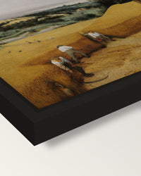 The Harvesters by the Elder framed canvas, corner close-up: a black floating frame with a shadow gap round the canvas