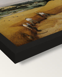 The Harvesters by the Elder framed print, corner close-up: black moulding, mitred, the print set just below its edge