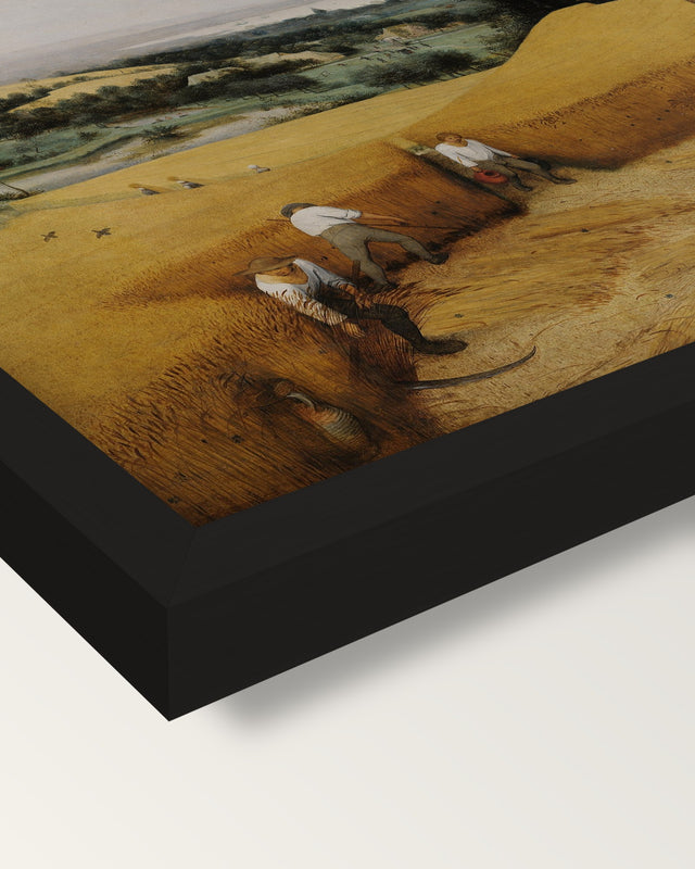 The Harvesters by the Elder framed print, corner close-up: black moulding, mitred, the print set just below its edge