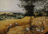 The Harvesters by Pieter Bruegel the Elder: peasants cutting golden wheat and resting under a pear tree above a wide valley