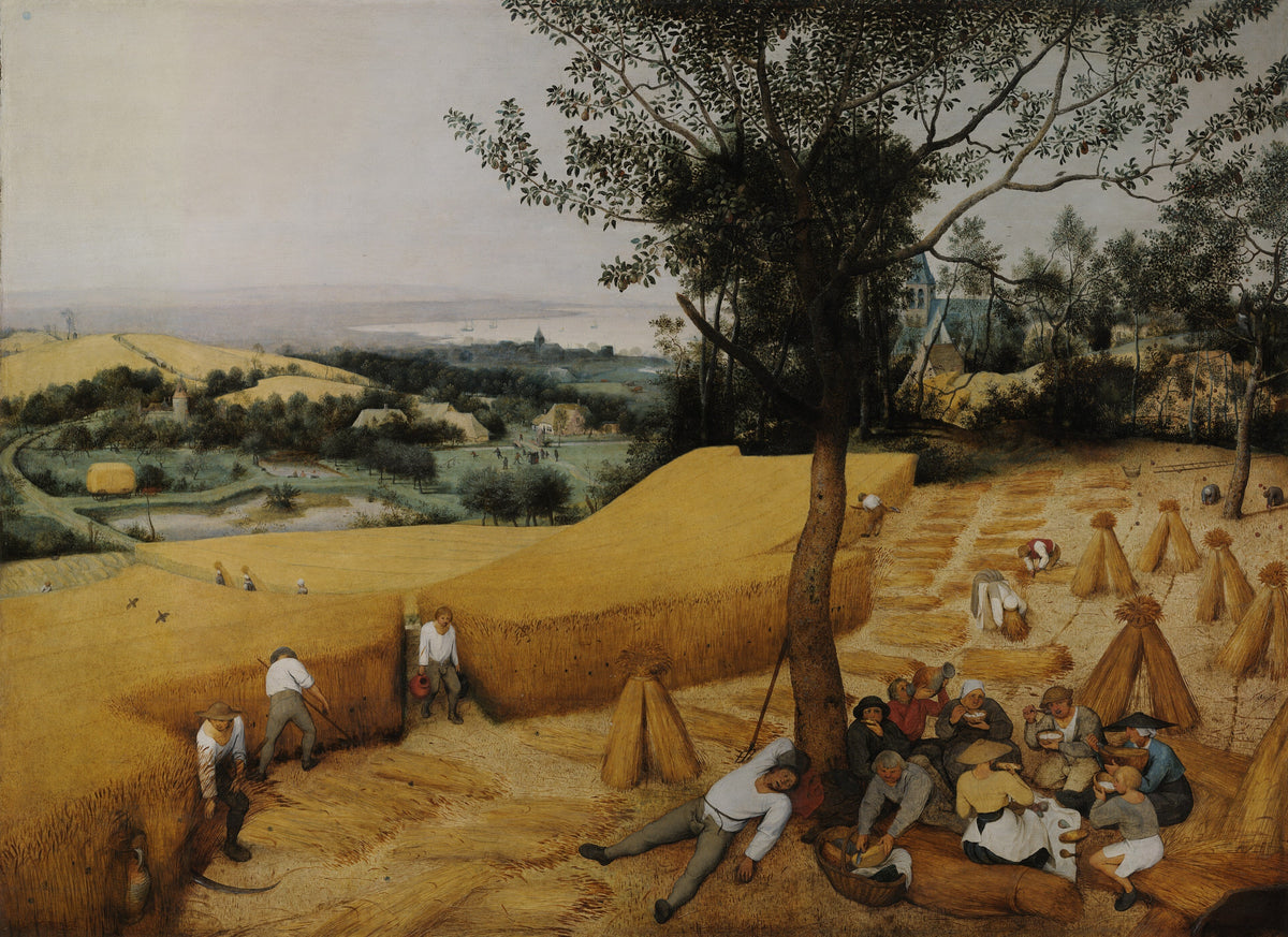 The Harvesters by Pieter Bruegel the Elder: peasants cutting golden wheat and resting under a pear tree above a wide valley