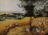 The Harvesters by Pieter Bruegel the Elder: peasants cutting golden wheat and resting under a pear tree above a wide valley