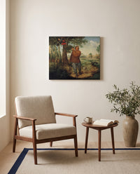 The Nest Robber by Pieter Bruegel the Elder as a stretched canvas above a linen lounge chair in a reading corner
