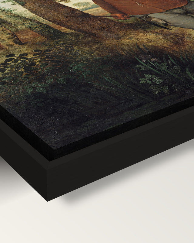 The Nest Robber framed canvas, corner close-up: the canvas in a slim black floating frame, its painted edge in the shadow gap