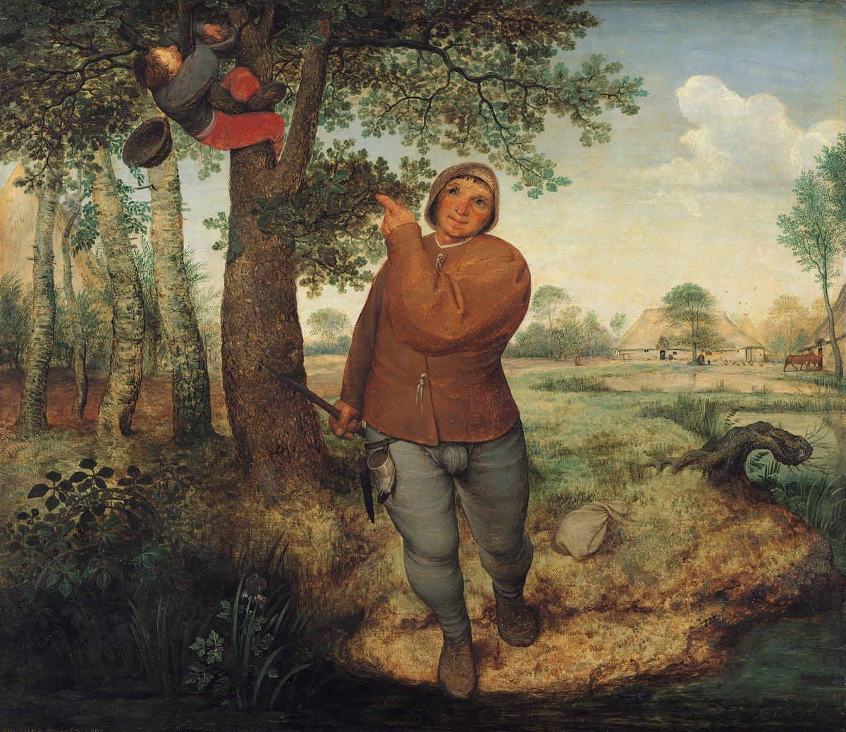 The Peasant and the Nest Robber by Bruegel: a peasant striding forward and pointing back at a boy climbing a tree