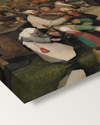 The Peasant Dance by the Elder on stretched canvas, corner close-up: the painting mirror-wrapped round the sides