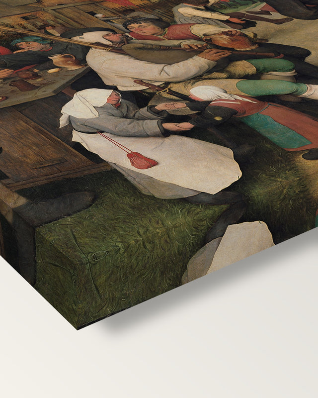 The Peasant Dance by the Elder on stretched canvas, corner close-up: the painting mirror-wrapped round the sides