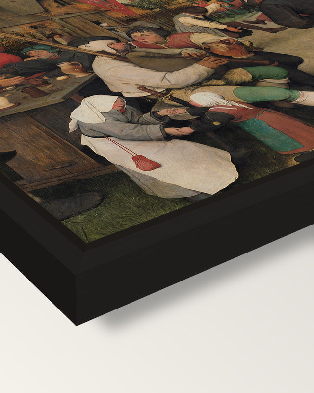 The Peasant Dance by the Elder framed canvas, corner close-up: a black floating frame with a shadow gap round the canvas