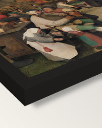The Peasant Dance by the Elder framed print, corner close-up: black moulding, mitred, the print set just below its edge