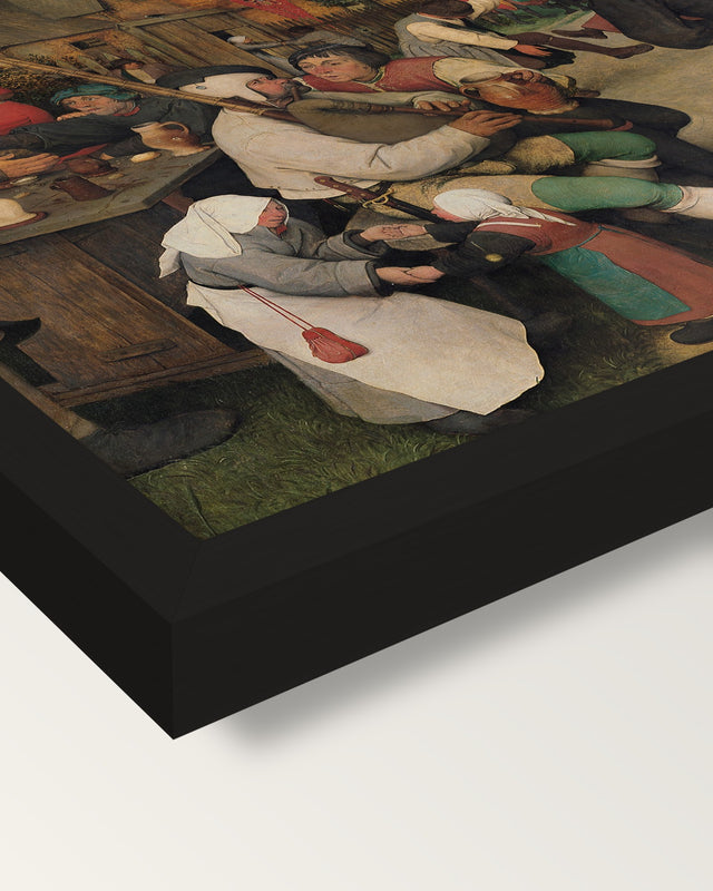 The Peasant Dance by the Elder framed print, corner close-up: black moulding, mitred, the print set just below its edge