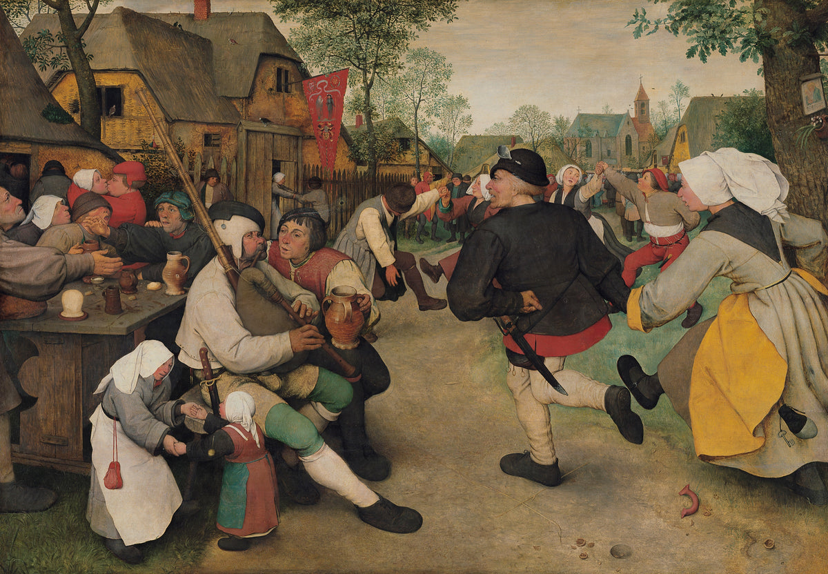 The Peasant Dance by Pieter Bruegel the Elder: villagers dancing and drinking at a fair, a bagpiper playing, a church behind
