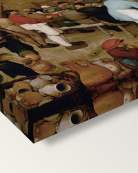 The Peasant Wedding by the Elder on stretched canvas, corner close-up: the painting mirror-wrapped round the sides