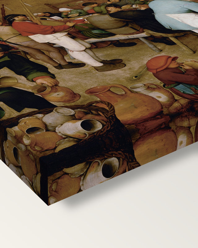 The Peasant Wedding by the Elder on stretched canvas, corner close-up: the painting mirror-wrapped round the sides