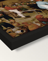 The Peasant Wedding by the Elder framed canvas, corner close-up: a black floating frame with a shadow gap round the canvas