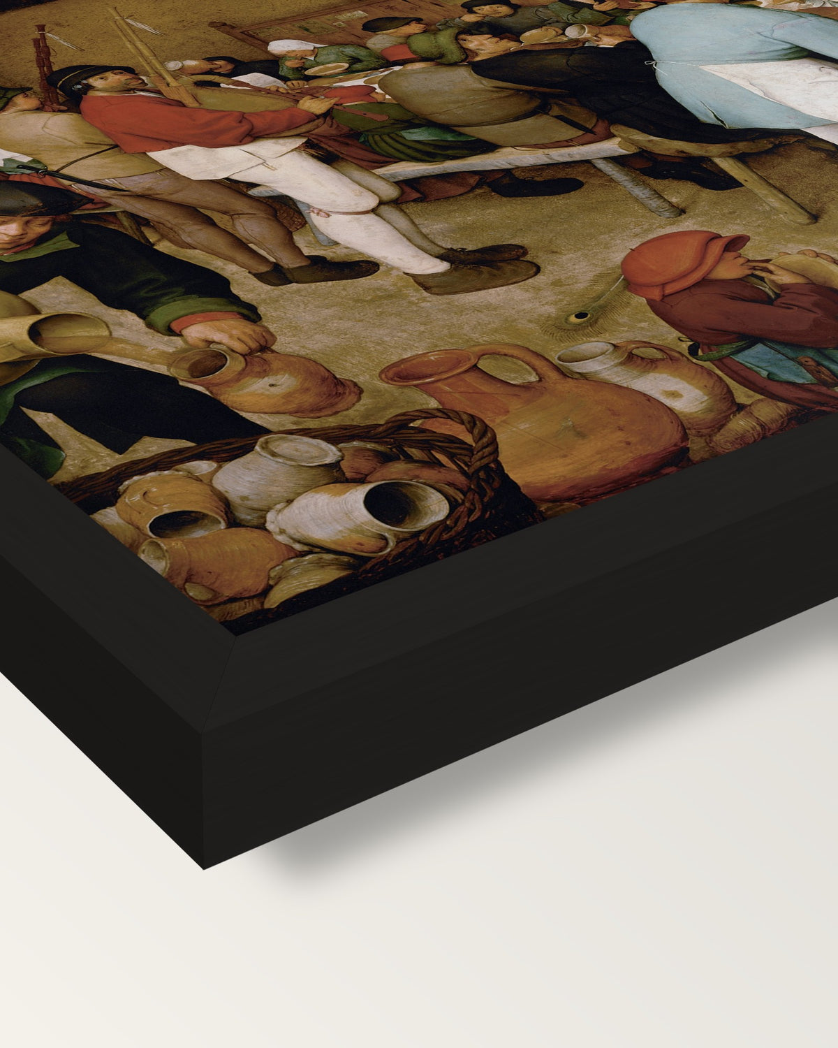 The Peasant Wedding by the Elder framed print, corner close-up: black moulding, mitred, the print set just below its edge