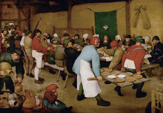 The Peasant Wedding by Pieter Bruegel the Elder: guests at a long table in a barn, men carrying bowls on a door, pipers