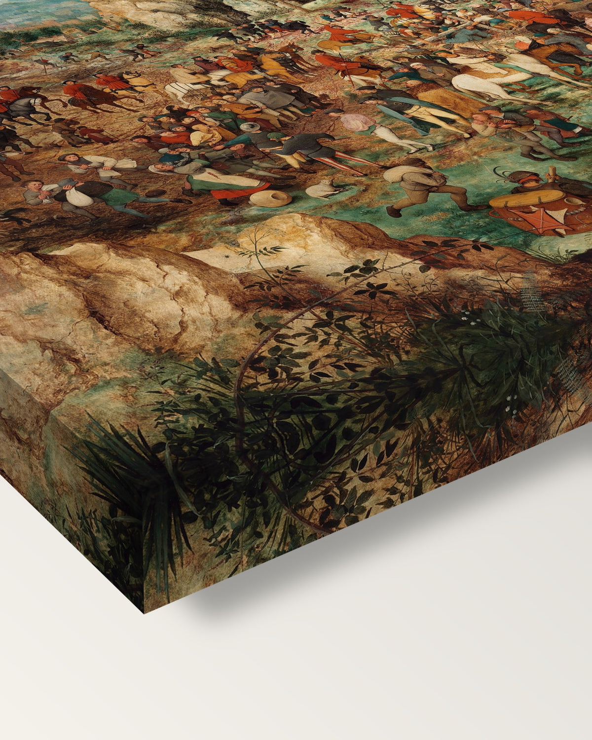 The Procession to Calvary by the Elder on stretched canvas, corner close-up: the painting mirror-wrapped round the sides