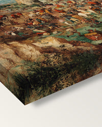 The Procession to Calvary by the Elder on stretched canvas, corner close-up: the painting mirror-wrapped round the sides