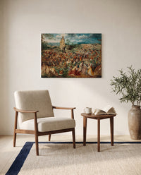 The Procession to Calvary by Pieter Bruegel the Elder as a stretched canvas above a linen lounge chair in a reading corner