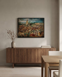 The Procession to Calvary by Pieter Bruegel the Elder in a black frame above a walnut sideboard in a dining room