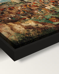 The Procession to Calvary by the Elder framed canvas, corner close-up: black floating frame, painted edge in the shadow gap