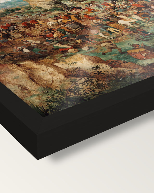 The Procession to Calvary by Pieter Bruegel the Elder framed print, corner close-up: black moulding, edge to edge, no mat