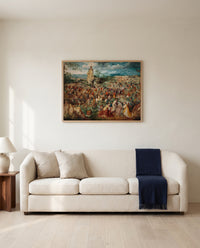 The Procession to Calvary by Pieter Bruegel the Elder framed in natural oak above a cream sofa in a warm living room
