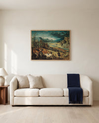 The Return of the Herd by Pieter Bruegel the Elder framed in natural oak above a cream sofa in a warm living room