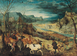 The Return of the Herd by Pieter Bruegel the Elder: herdsmen driving cattle down a hill above a wide river valley in autumn