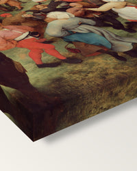 The Wedding Dance by the Elder on stretched canvas, corner close-up: the painting mirror-wrapped round the sides