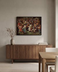 The Wedding Dance by Pieter Bruegel the Elder in a black frame above a walnut sideboard in a dining room