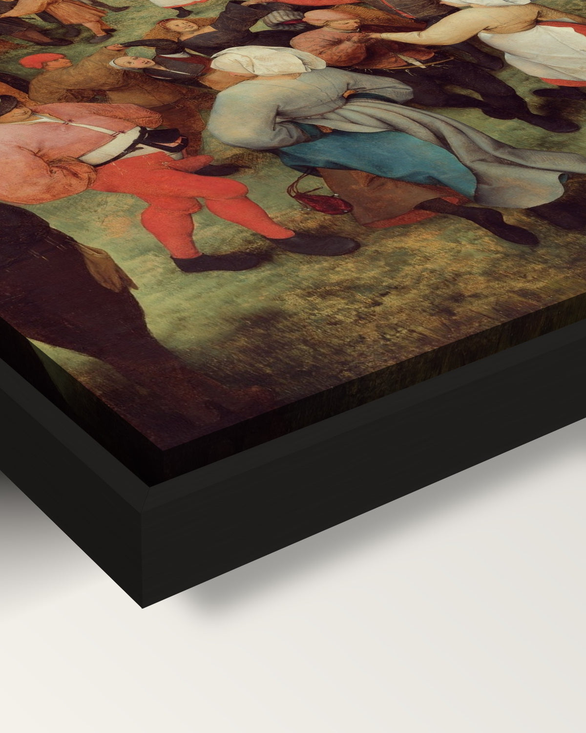 The Wedding Dance by the Elder framed canvas, corner close-up: black floating frame, painted edge in the shadow gap